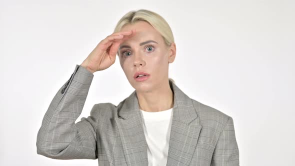 Businesswoman Searching New Chance, White Background