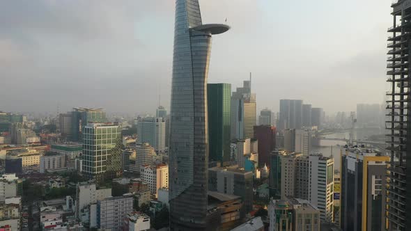 Ho Chi Minh City, District One, Vietnam. Classic drone reveal crane shot showing a panorama of all k