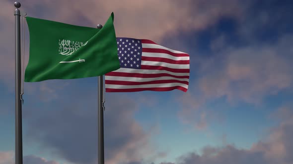 Saudi Arabia Flag Waving Along With The National Flag Of The USA - 4K