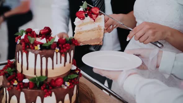 Newlyweds Cuts Wedding Cake. Couple in Love Together Cuts a Wedding Sweet Cake. Close-up. A Bride