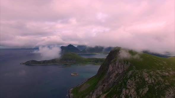 Clouds over the Lofoten peaks, Norway, aerial footage