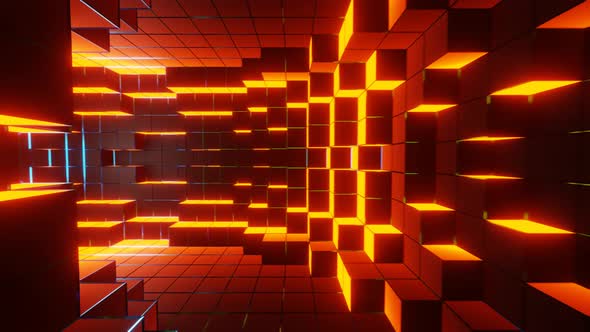 Abstract Flying in Futuristic Corridor or Tunnel Orange Neon Glowing Cubes 3d Render Seamless Loop