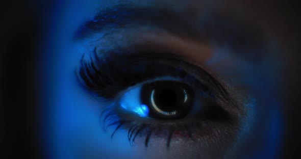 Close up of a woman's eye with beautiful make up opening in a dark blue lighting