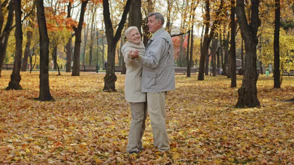 Carefree Elderly Caucasian Grandparents Family Dancing Romantic Dance Together in Autumn Park Happy