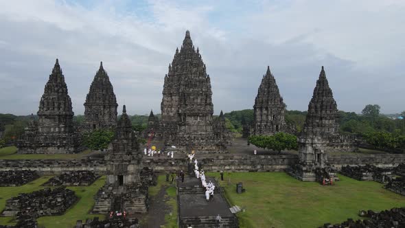 Aerial view of Indonesian hinduism people pray in Prambanan temple in Yogyakarta, Indonesia.