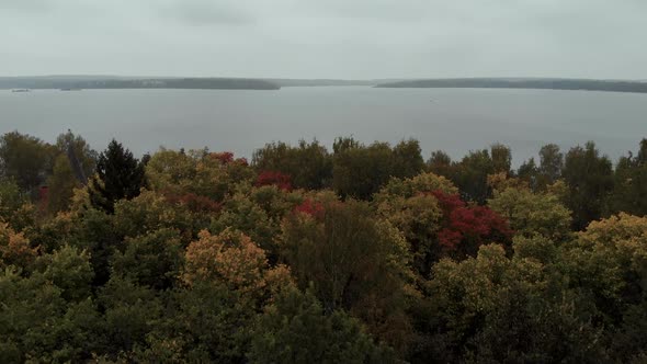 The Drone Flies Low Over the Forest Towards a Large Lake