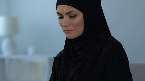 Sad Arab Female in Black Hijab Thinking About Life Problems, Relationship Crisis