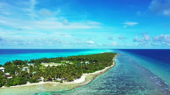 Aerial drone shot texture of exotic bay beach wildlife by shallow lagoon with white sandy background