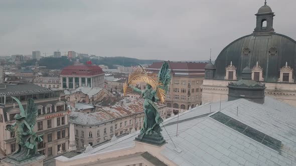 Aerial City Lviv, Ukraine. European City. Popular Areas of the City. Lviv Opera