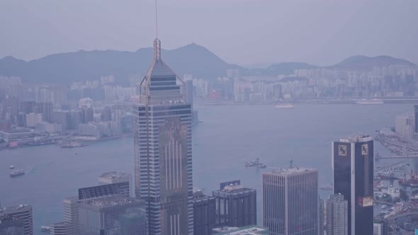Central Plaza skyscraper and downtown Hong Kong city skyline. Aerial drone view