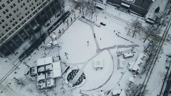 Snow Covered Pioneer Square and Courthouse in Downtown Portland in the Winter