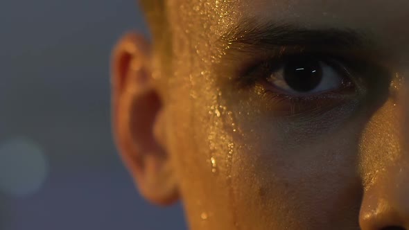 Sweating Sportsman Face Close-Up, Workout Pain, Physical Strength, Discipline