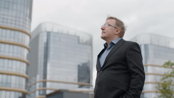 Funny Plump Man in Suit Outside the Office, Adult Manager or Businessman Standing in City Street