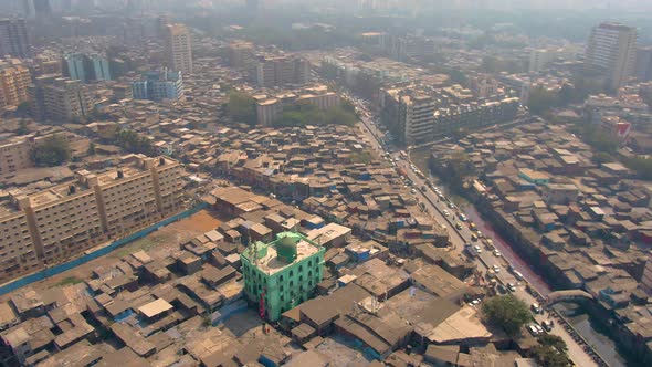 Mumbai, India, Dharavi slums, 4k aerial drone footage