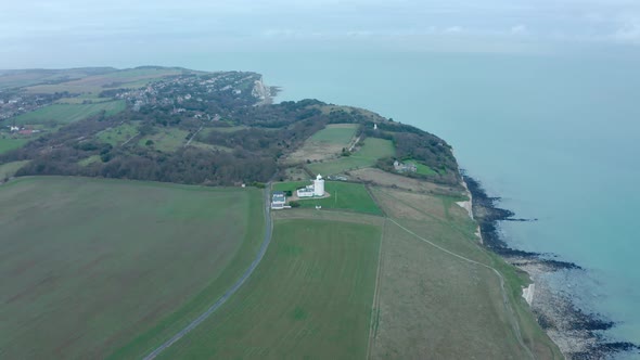 Descending drone shot of south foreland lighthouse white cliffs of Dover