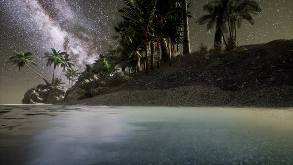 Beautiful Fantasy Tropical Beach with Milky Way Star in Night Skies