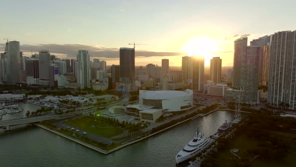 Aerial sunset video FTX Arena Miami FL USA