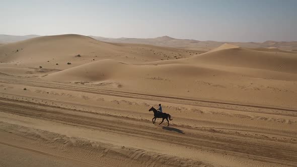 Aerial view of one person riding horse in the desert of Al Khatim in Abu Dhabi.