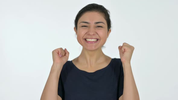 Excited Indian Woman Celebrating, White Background 