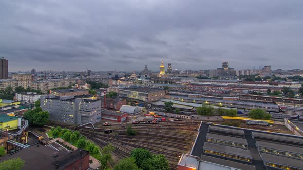 Evening Top View of Three Railway Stations Day To Night Timelapse at the Komsomolskaya Square in