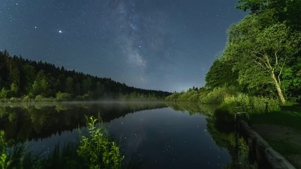 Timelapse of the moving stars. The milkyway galaxy is slightly moving over the night sky with reflec alt