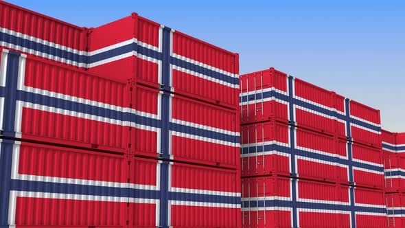 Container Terminal Full of Containers with Flag of Norway