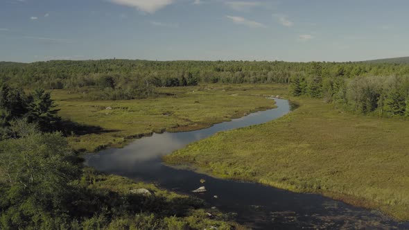 Flight over whales back, Union river aerial towards forest