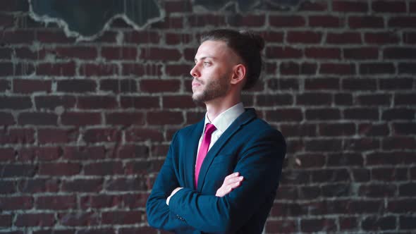 Stylish Young Businessman Portrait Standing Indoor Hands Crossed Dressed Business Suit Smiling at