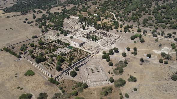 Aerial drone view of the Caliphate City of Medina Azahara in Cordoba. Archaeological site