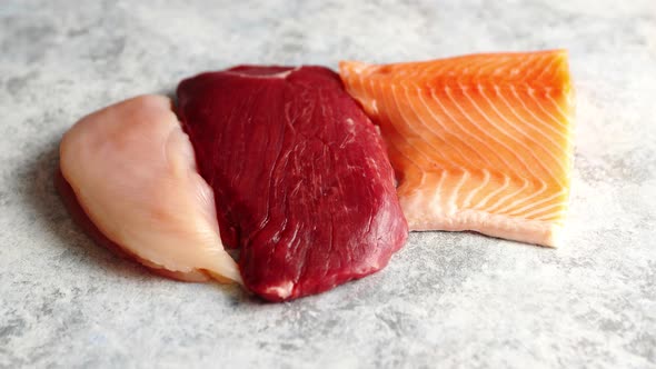 Fresh Raw Beef Steak, Chicken Breast, and Salmon Fillet