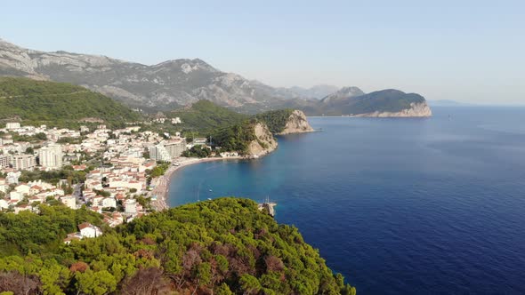 Aerial View Town Petrovac By the Adriatic Sea in Montenegro