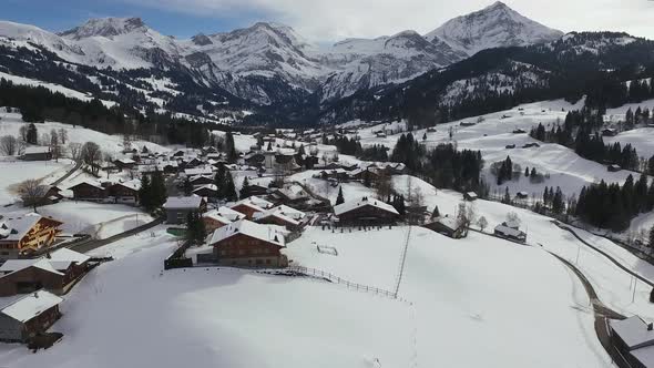 Aerial of buildings and mountains