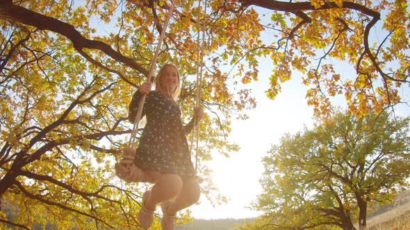 Happy Child Girl on Swing at Golden Sunset. The Concept of Childhood Dreams.