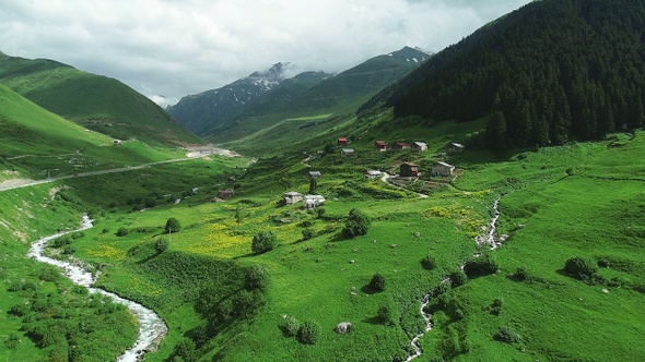 Aerial View Over Small Village