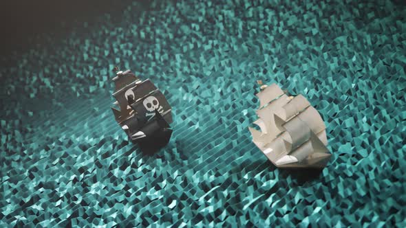 Tiny paper pirate ship chase on an artificial cyan sea in looping animation 4KHD