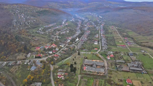 Aerial View of Landscape with Little Villages Fields Mountains Carpathians