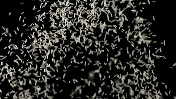 White Rice Grains Bouncing and Falling Down Black Background Pile of Cereal Long Seeds Flies