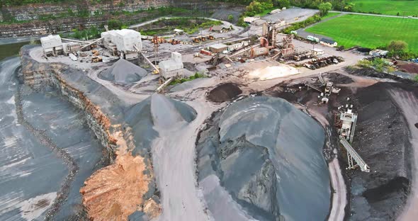 Panorama aerial view large, open-pit mine showing the industrial exterior mining quarry