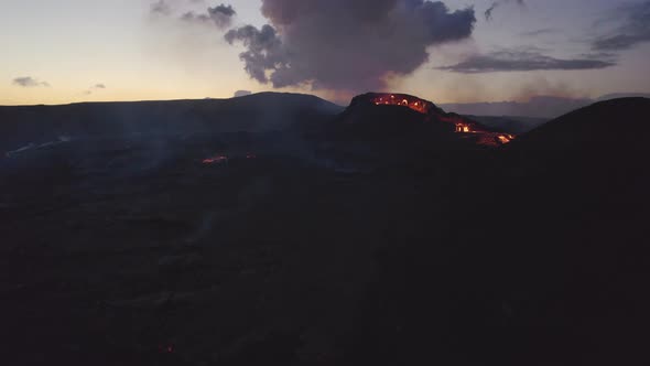 Drone Over Burning Landscape Of Lava From Fagradalsfjall Volcano Iceland