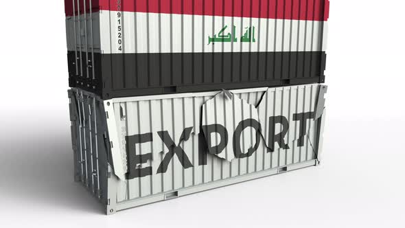 Container with EXPORT Text Being Crashed with Container with Flag of Iraq alt