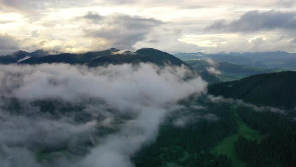 Nature. Fog over the forest in the mountain valley. View from the air. Summer landscape