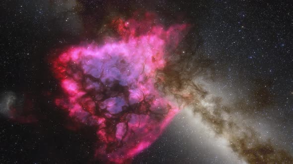 Spaceship Flies Near Red Nebula in Space alt