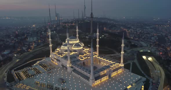 Aerial Drone View of Istanbul Camlica Mosque and Bosphorus. Biggest Mosque in Europa