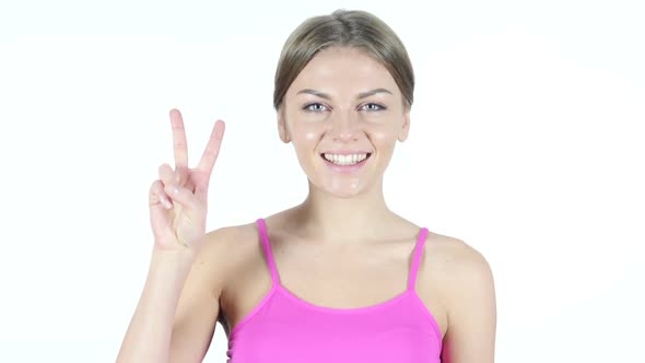 Woman Showing Victory Sign, White Background