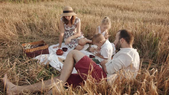 A Friendly Family with a Son and Daughter is Resting and Eating at a Picnic in a Wheat Field