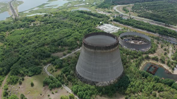 Drone Shot of Towers for Cooling Water, Chernobyl