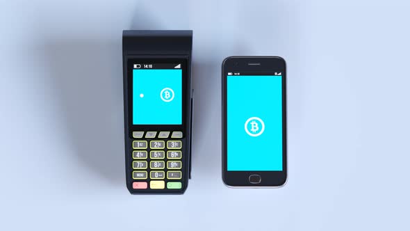 Wireless payment from smartphone to payment terminal. Bitcoins transfer. 4KHD