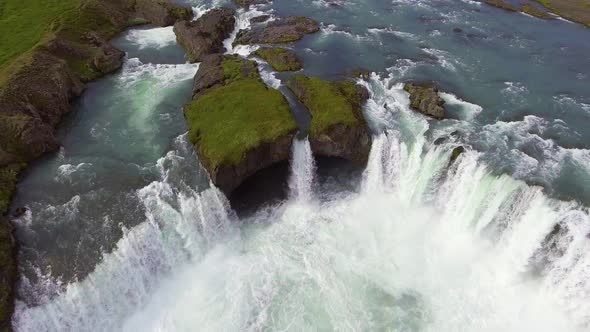 Drone Aerial Footage of the Godafoss Waterfall in North Iceland
