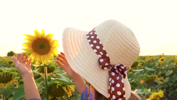 Woman in a Blue Dress and Hat Sniffs and Examines a Sunflower in the Field