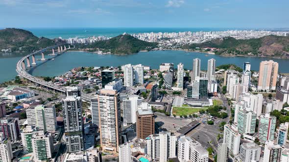 Aerial cityscape of downtown Vitoria Espirito Santo Brazil.